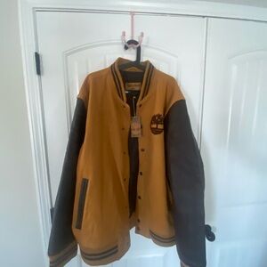 Timberland Mustard Wool Varsity Jacket with Dark Brown Leather Sleeves